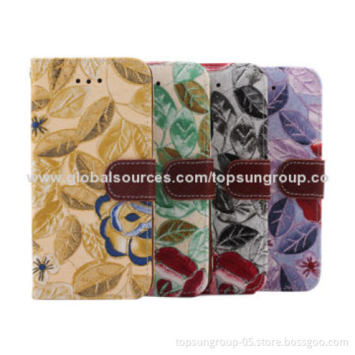 PU Leather Cases for iPhone 6, Floral Pattern with Card Slots and Hanging Rope